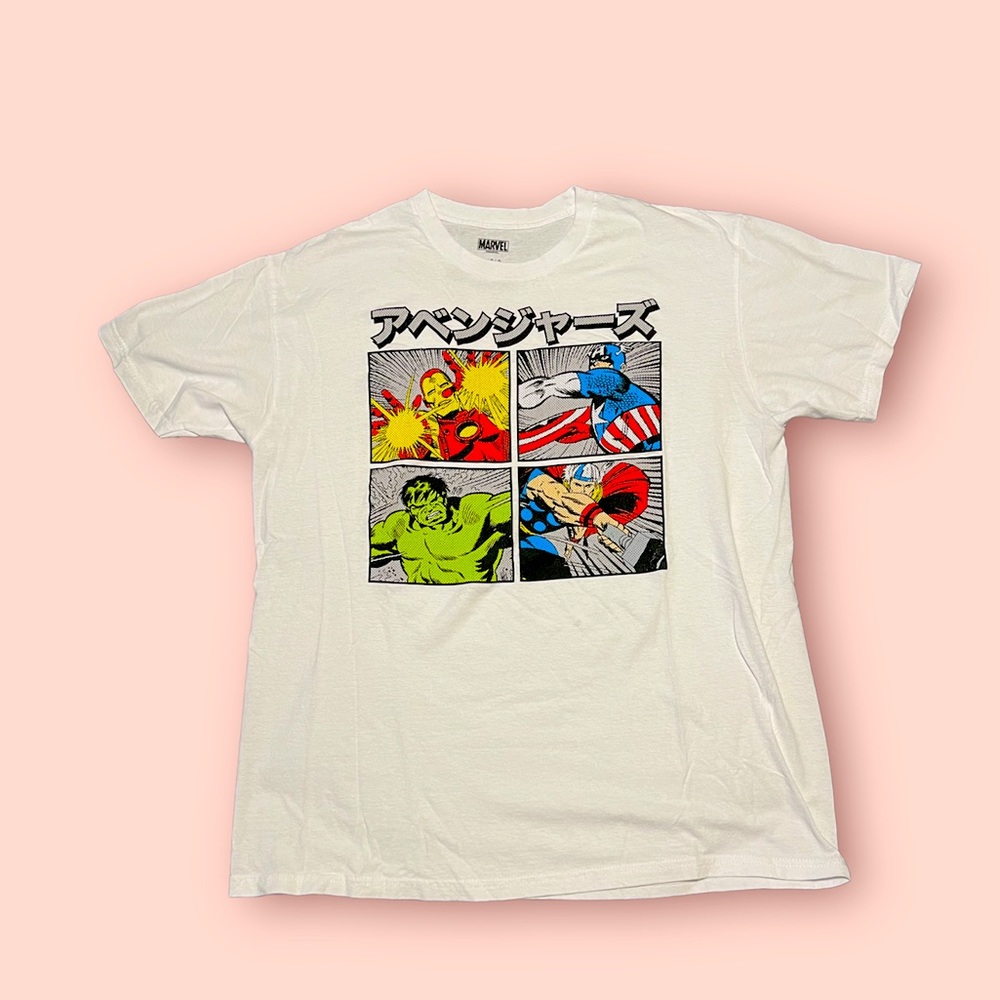 Japanese Marvel Avengers T-Shirt Iron Man Hulk Thor Captain America White Large
